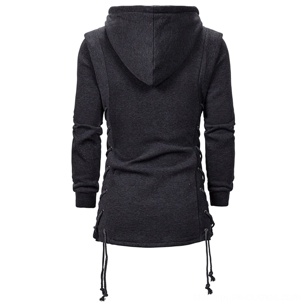 Dark gray steampunk hoodie rear view showing attached hood, dual sleeves, side lace-up paneling, and back silhouette