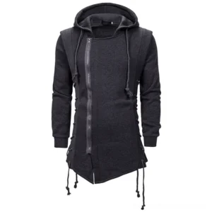 Steampunk hooded sweatshirt front view featuring dark gray knit, dual sleeves, drawstring hood, and irregular hem with lacing details