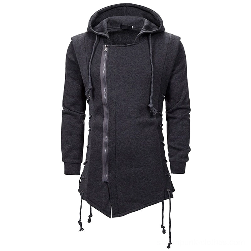 Steampunk hooded sweatshirt front view featuring dark gray knit, dual sleeves, drawstring hood, and irregular hem with lacing details