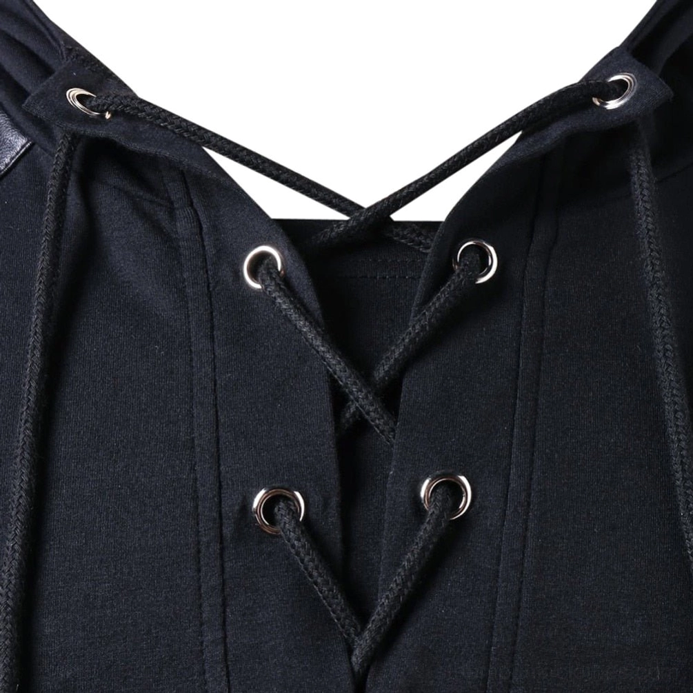 Close-up detail of steampunk hoodie cross-lace neckline with silver metal eyelets and adjustable drawstrings