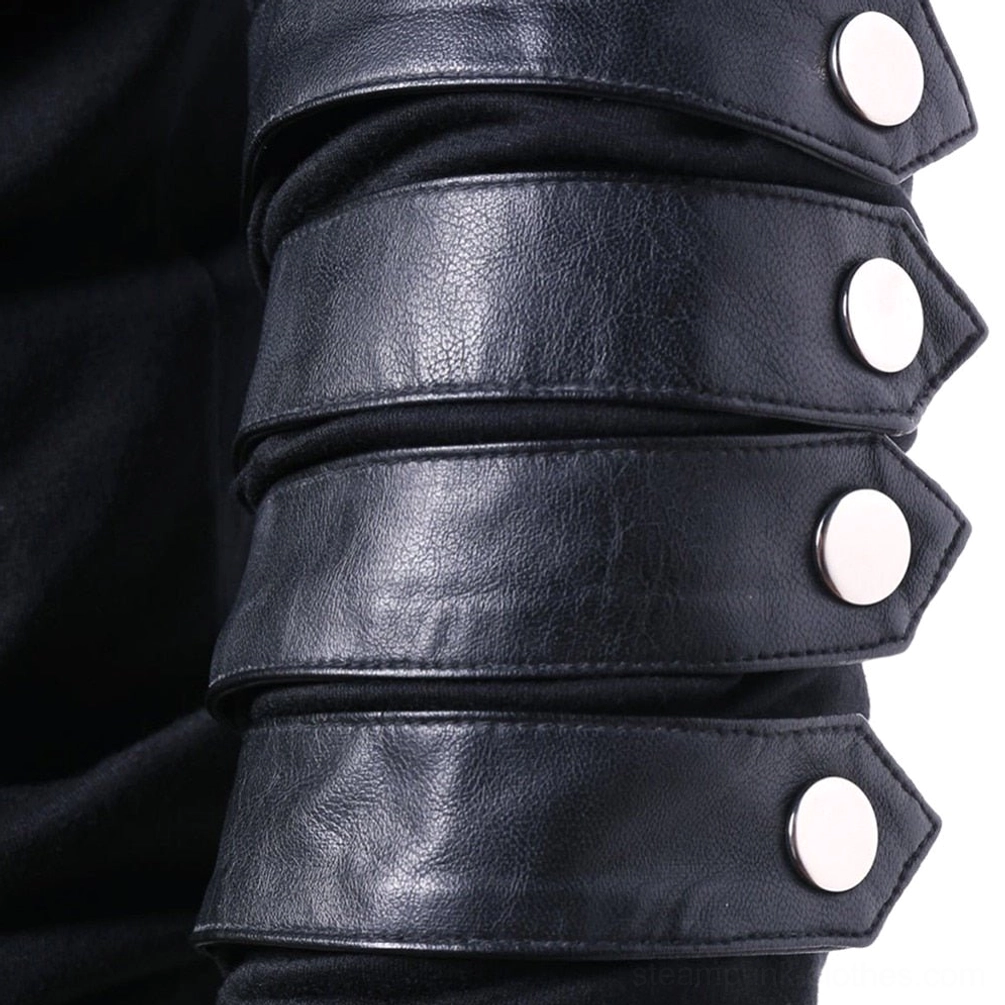 Close-up detail of steampunk hoodie sleeve armor-style strap with stacked faux leather and silver metal buttons