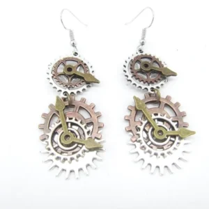 Mechanical steampunk earrings displaying intricate cog and gear details, industrial design aesthetic, studio photography