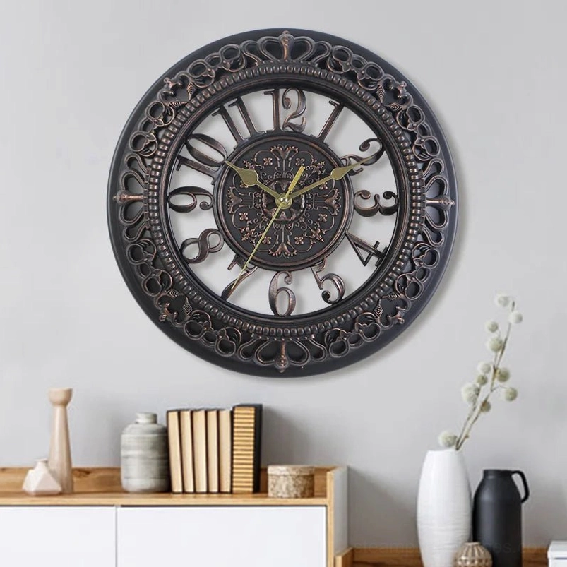 Steampunk industrial wall clock with dark bronze hollow-carved frame, 3D Arabic numerals, and retro embossed dial center displayed in modern home living room