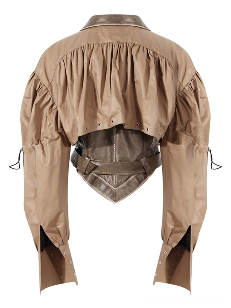 Back view of steampunk cropped jacket displaying ruched back panel, exposed waist belt structure, inverted hem design, and overall tailored silhouette