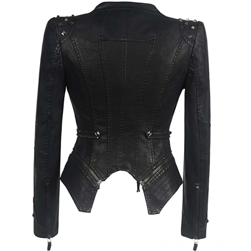 Women's steampunk leather Perfecto jacket full back view with split irregular hemline and waist zipper accents