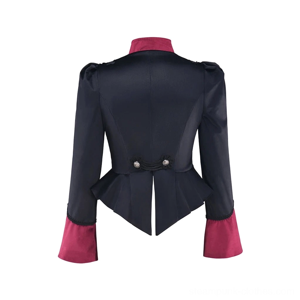 Rear view of steampunk jacket featuring back waist adjustment buttons and asymmetrical peplum tail hem detail