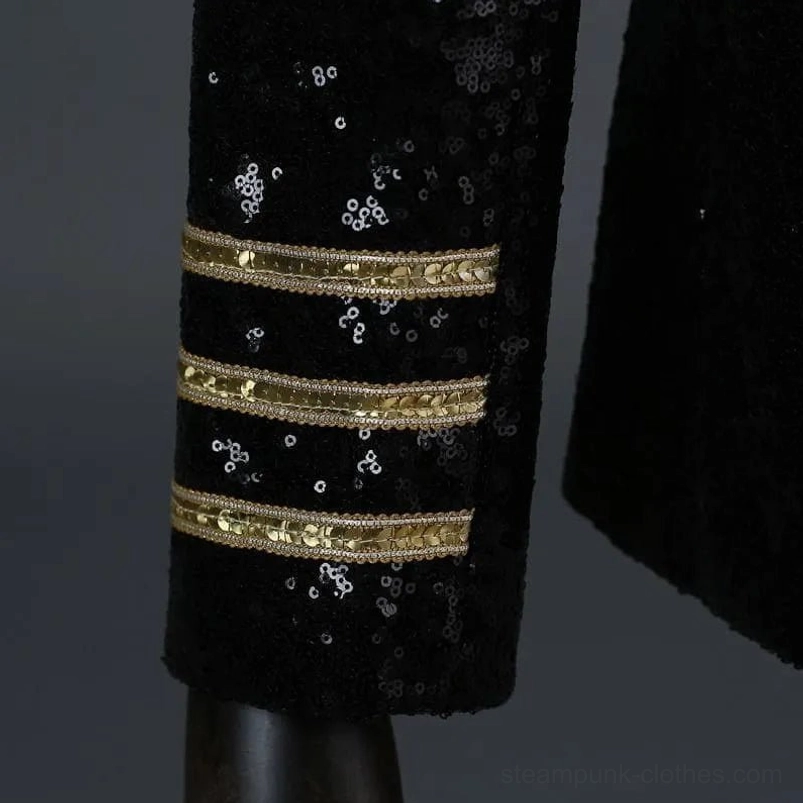 Close-up of steampunk jacket cuff detail with triple gold stripe trim on black sequins