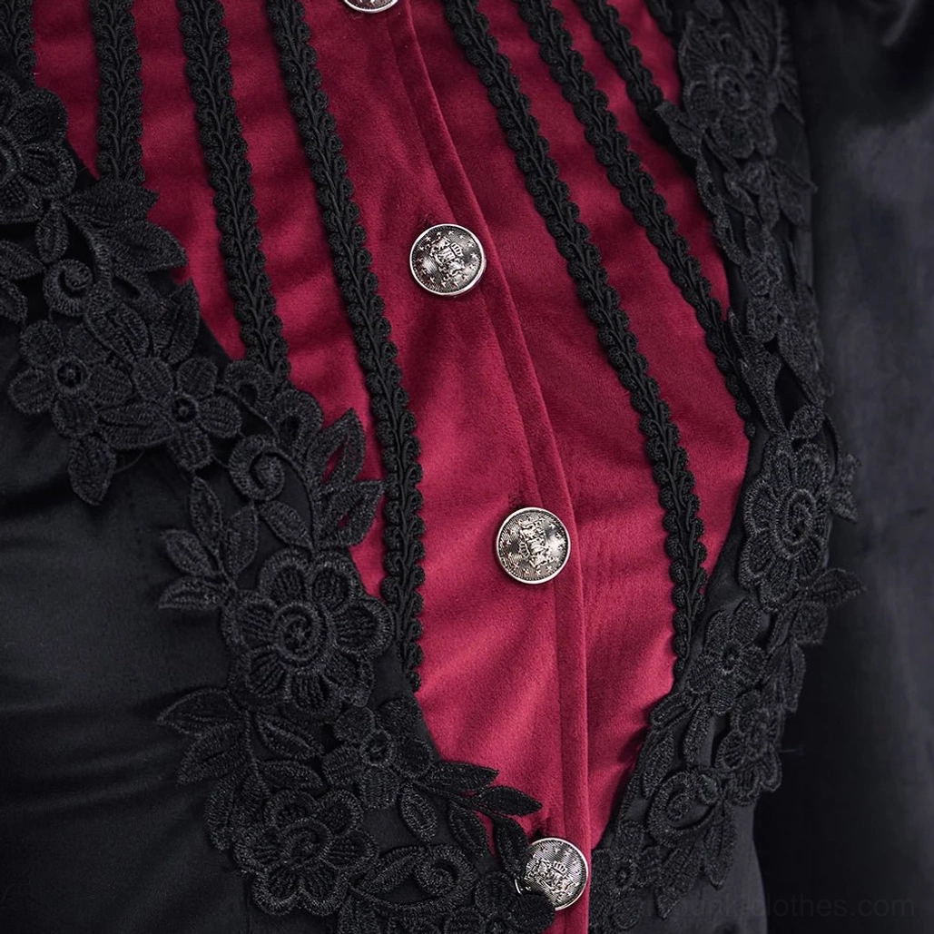 Close-up detail of steampunk jacket showing black floral lace, embossed metal buttons, and vertical fabric trim
