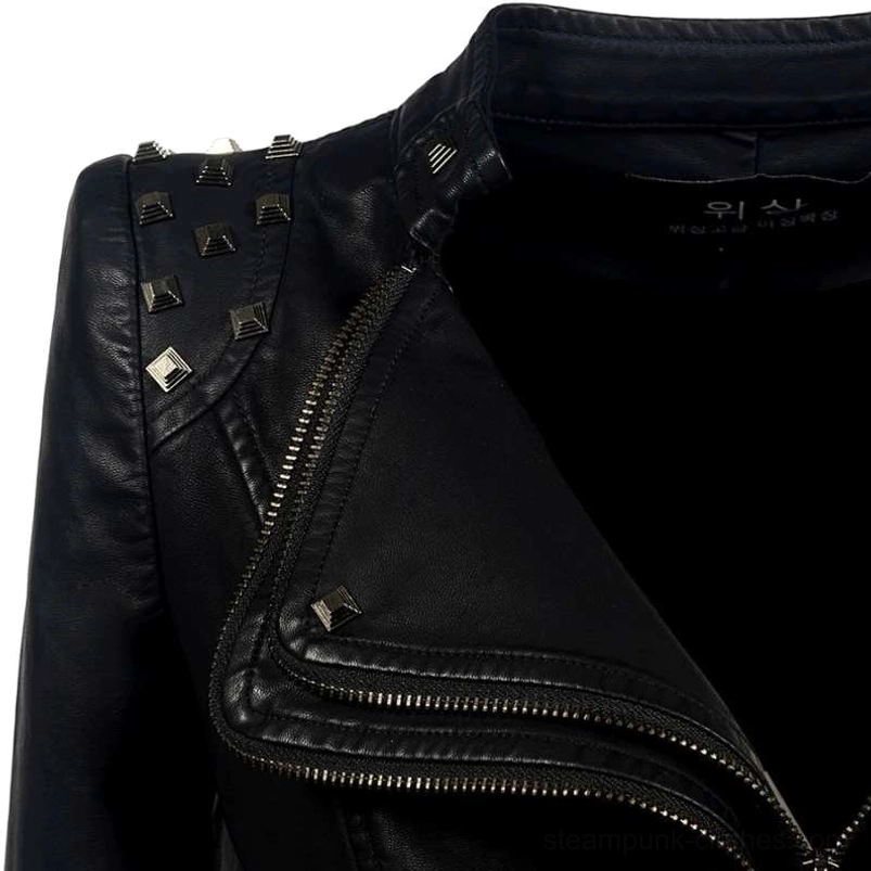 Close-up detail of steampunk jacket square metal studs, dual-layered zipper placket, and smooth leather texture