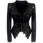Women's black steampunk leather Perfecto jacket front view with double zippers and studded shoulders