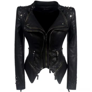 Women's black steampunk leather Perfecto jacket front view with double zippers and studded shoulders