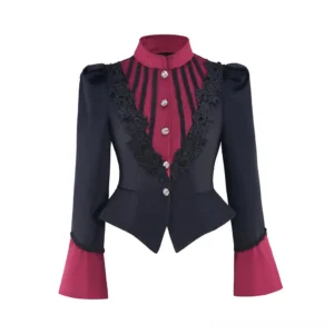 Steampunk gothic jacket front view with black lace trim, stand collar, silver metal buttons, and wine red accent panels