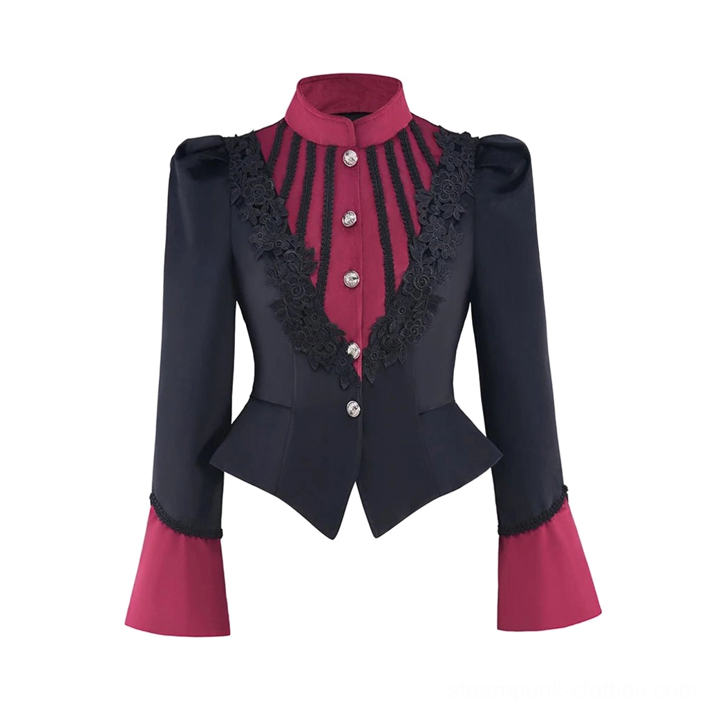 Steampunk gothic jacket front view with black lace trim, stand collar, silver metal buttons, and wine red accent panels