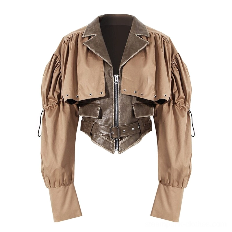 Steampunk cropped leather jacket on mannequin displaying two-tone design, drawstring puff sleeves with adjustable cuffs, notched lapel, and cropped waist-length silhouette