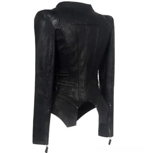 Black steampunk leather jacket left rear side angle showing asymmetric curved hem and vertical back seaming