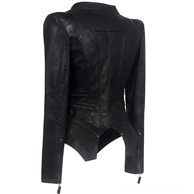 Black steampunk leather jacket left rear side angle showing asymmetric curved hem and vertical back seaming