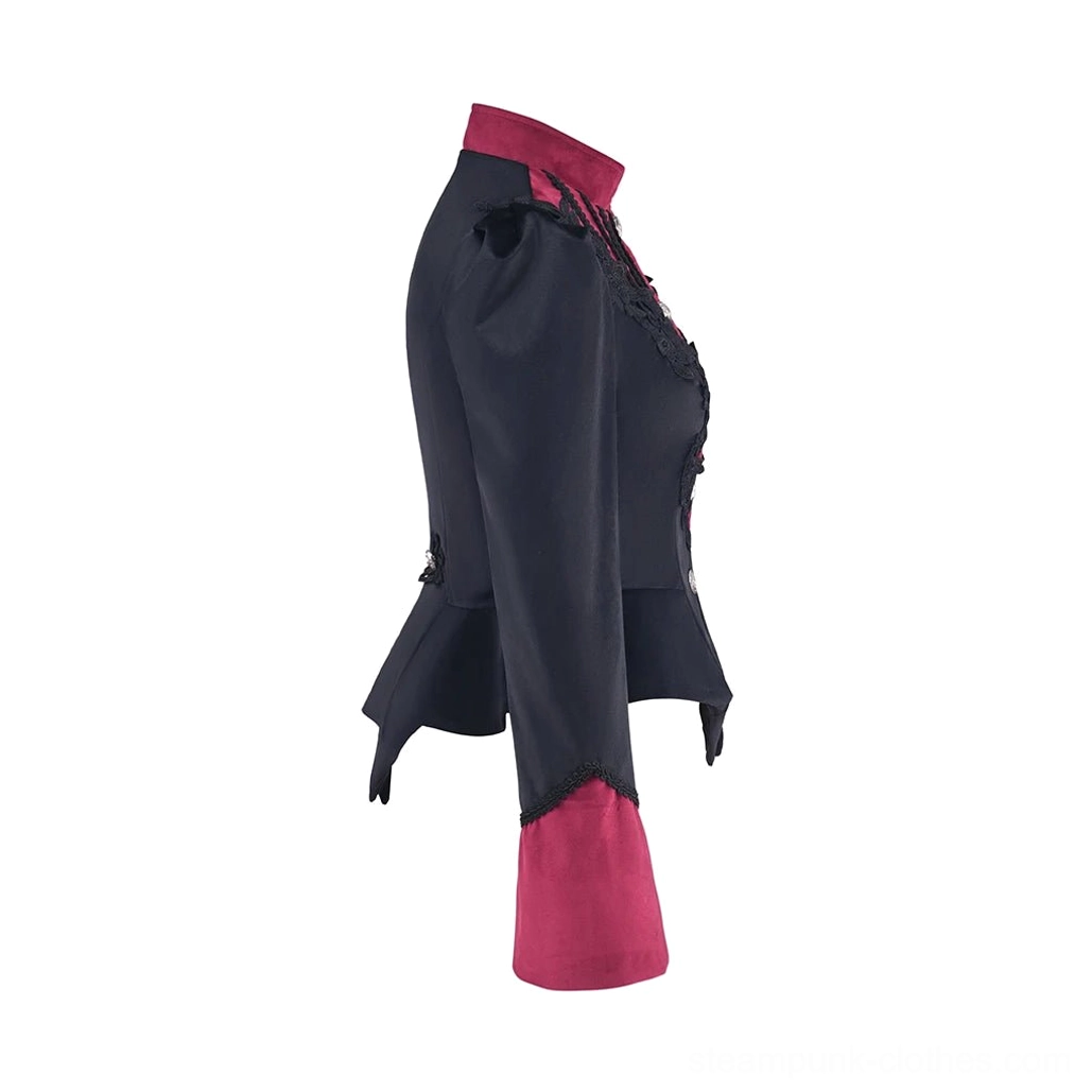 Right side profile of steampunk gothic jacket displaying curved short back hem and tailored sleeve construction