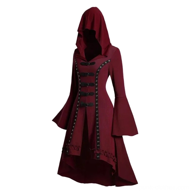 Victorian steampunk hooded coat dress side view showing ruffled high-low hemline and bell sleeve details