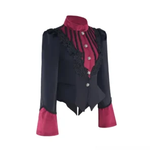 Three-quarter front angle of women's steampunk jacket showing fitted waist, padded shoulders, and decorative silver buttons