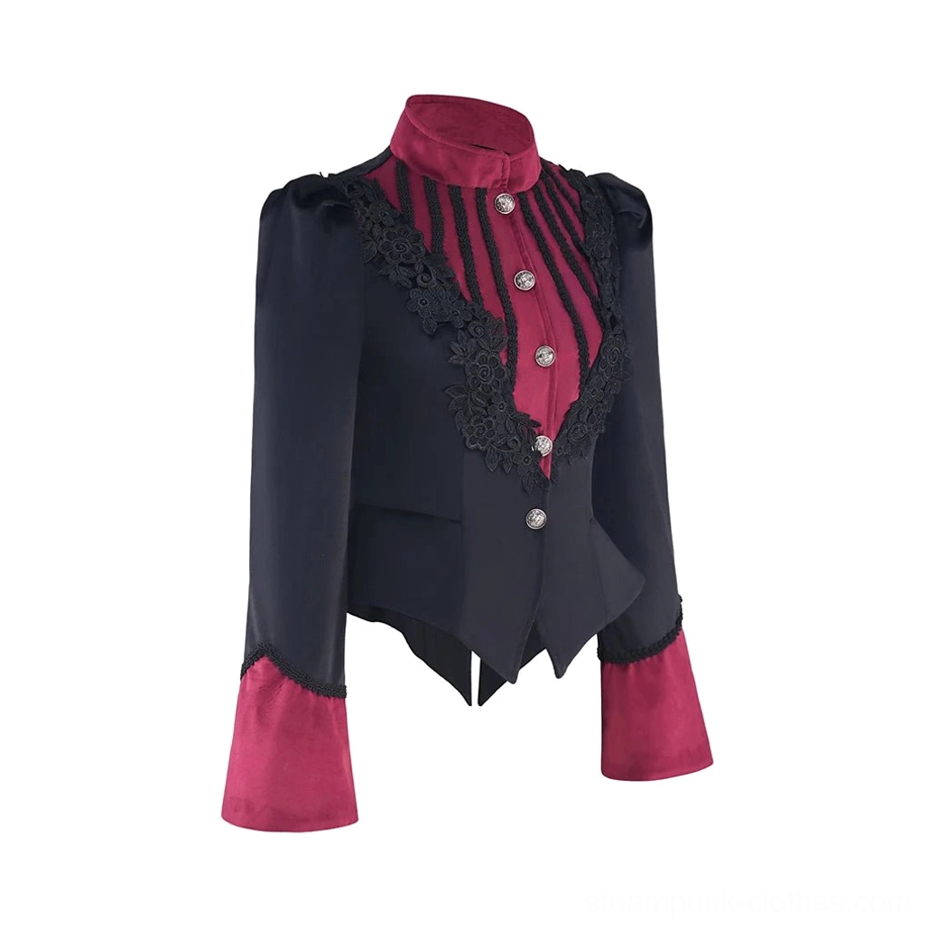 Three-quarter front angle of women's steampunk jacket showing fitted waist, padded shoulders, and decorative silver buttons