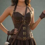 Brown steampunk jacquard corset with bronze hardware, worn by model in three-quarter front view