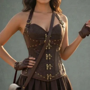 Brown steampunk jacquard corset with bronze hardware, worn by model in three-quarter front view
