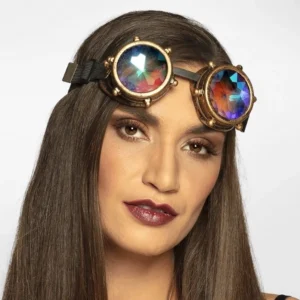 Woman wearing steampunk kaleidoscope goggles with vintage bronze frame and rainbow holographic lenses, front view headshot