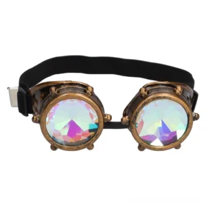 Steampunk kaleidoscope goggles flat lay display showing antiqued bronze housing, holographic rainbow lenses, and adjustable black elastic strap with rivet accents