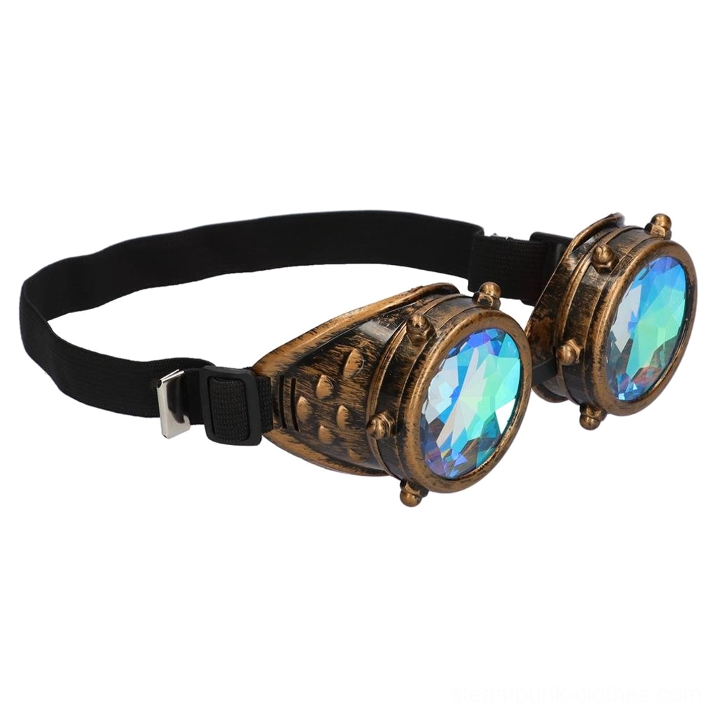 Steampunk kaleidoscope goggles side profile view featuring textured bronze frame, iridescent blue lenses, and black buckle strap with industrial rivets