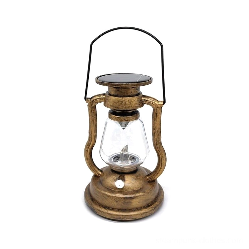 Retro LED steampunk kerosene lantern in distressed brass gold metal finish on white background front view