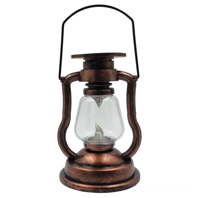Vintage steampunk LED kerosene lantern in deep copper brown metal frame finish front view white background