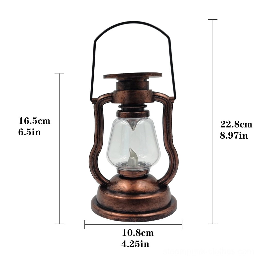 Steampunk LED kerosene lamp front view with dimension specifications and size labels on white background