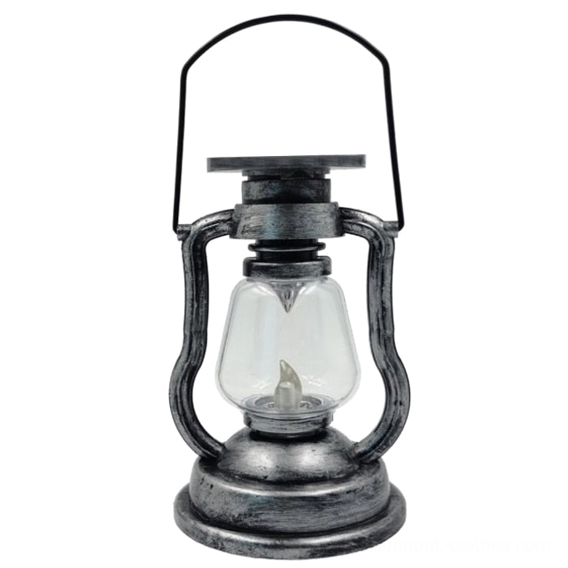 Steampunk kerosene lamp in gunmetal gray distressed metal finish front view on white background