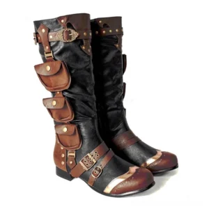Industrial steampunk knee-high boots with bronze metal accents, functional pouches and low block heel - frontal studio view of authentic Victorian cosplay footwear