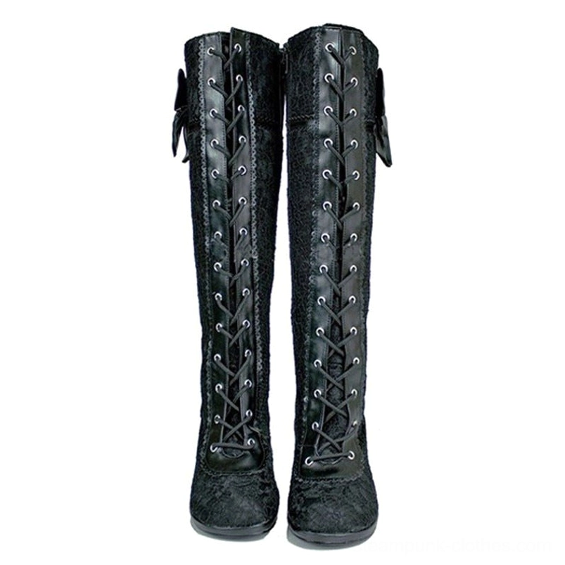 Pair of black knee-high lace steampunk boots with full side lace-up system and leather heel accents, front direct view
