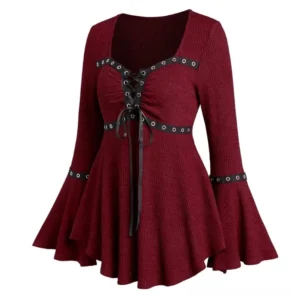 Steampunk knit top detail view showing tucked lace-up bow, flared bell sleeves with grommet cuffs, and ruched ribbed knit fabric construction