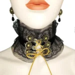 Black mesh lace steampunk choker with bronze gear ornaments and yellow lace-up bow detail on female mannequin bust, front close-up studio view