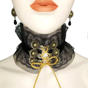 Black mesh lace steampunk choker with bronze gear ornaments and yellow lace-up bow detail on female mannequin bust, front close-up studio view
