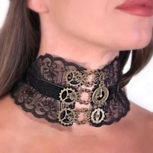 Black lace steampunk choker close-up on neck showing floral lace detail and vintage bronze mechanical decorations
