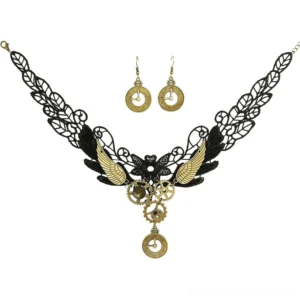 Complete steampunk jewelry set flat lay showing black lace choker necklace and matching bronze filigree drop earrings - top-down view on white background