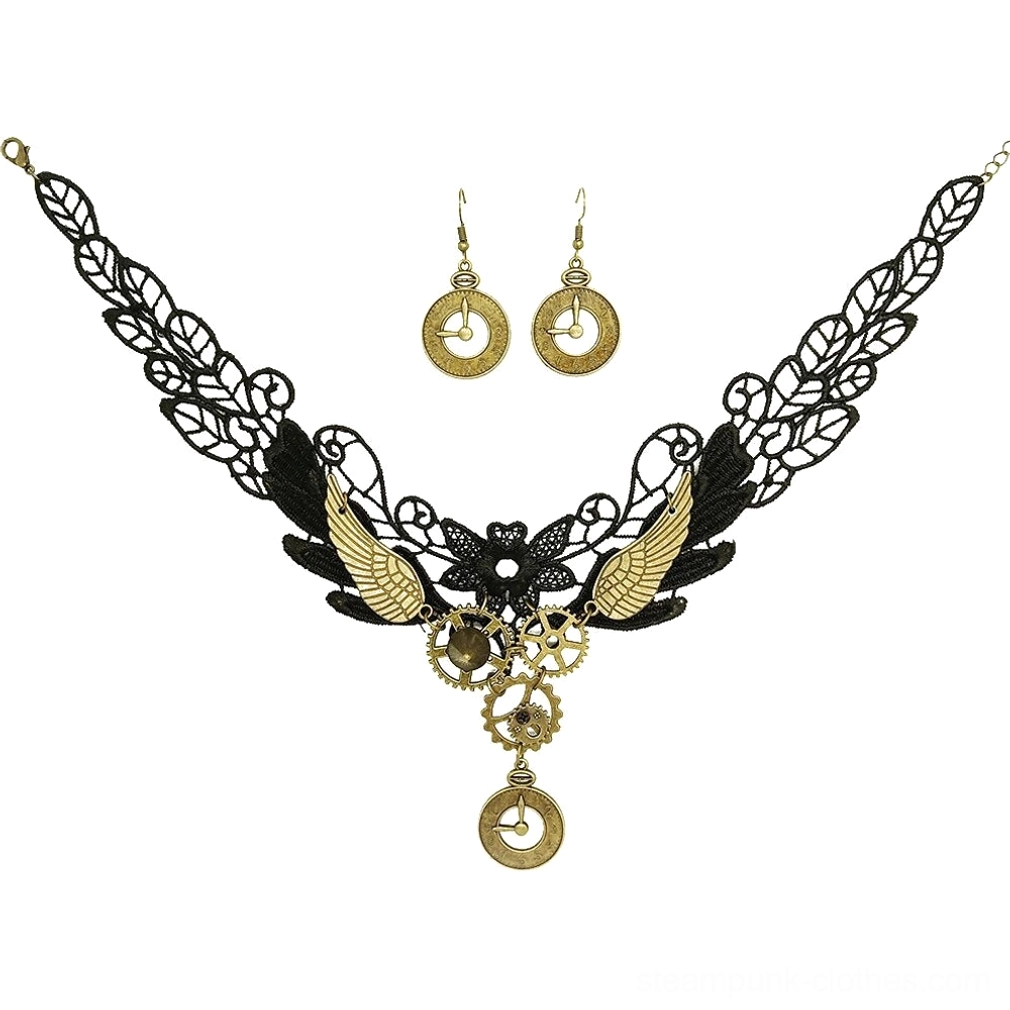 Complete steampunk jewelry set flat lay showing black lace choker necklace and matching bronze filigree drop earrings - top-down view on white background