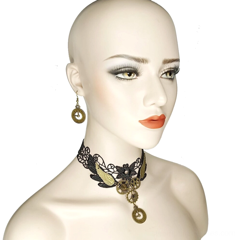 Victorian black lace steampunk choker with bronze wing and gear accents on mannequin three-quarter front view - matching drop earrings displayed