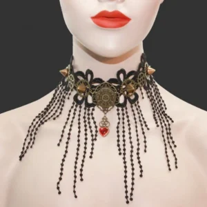 Steampunk gothic lace choker necklace front view with black floral lace, red heart pendant, bronze gears and beaded tassels on mannequin