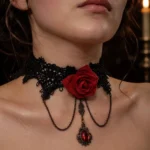 Gothic steampunk lace choker with red rose and gem pendant worn on model neck, Victorian candlelit aesthetic
