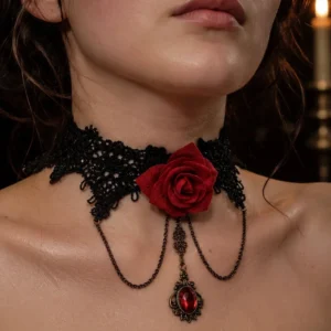 Gothic steampunk lace choker with red rose and gem pendant worn on model neck, Victorian candlelit aesthetic