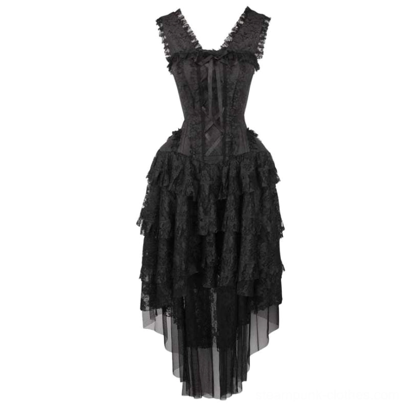 Steampunk gothic cocktail dress product flat lay, front-facing full product shot showing lace-up corset top, tiered high-low lace skirt, ruffled shoulder straps, and complete silhouette on white background