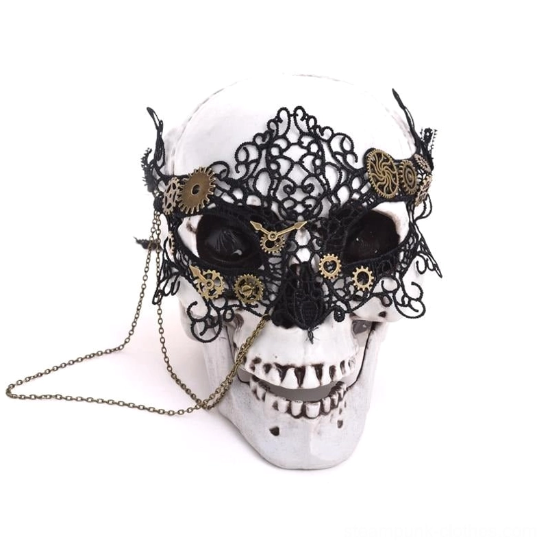 Victorian steampunk eye mask featuring intricate black crochet lace with clock gear decorations and hanging chains - front view