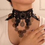 Black lace steampunk gear choker with bronze clock pendant and multiple gears, worn on female model showcasing front view and Victorian-inspired design