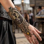 Steampunk fingerless lace glove with amber gemstone on female model, lateral close-up view showcasing black-gold floral embroidery and decorative finger ring