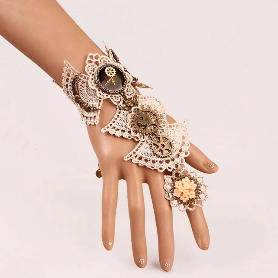 white beige crochet steampunk gloves with bronze mechanical gears and flower ring, side profile display
